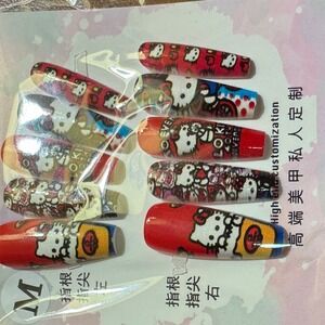 Hello Kitty Press On Nails, Kawaii False Nails, Cute Nail‎ Art, Long Ballerina